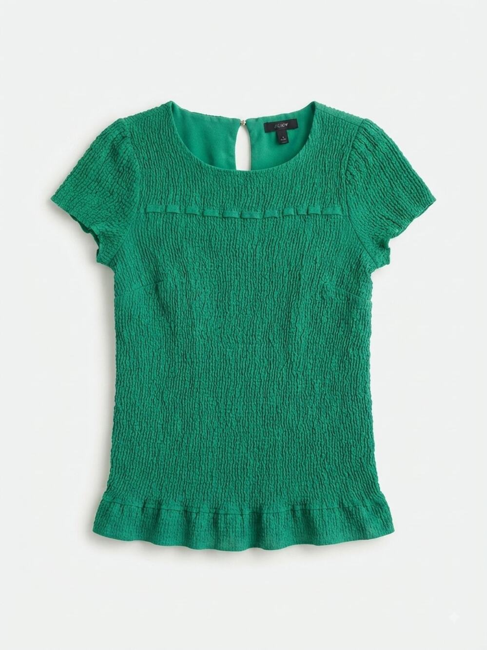J.Crew Womens Size 6 Green Silk Viscose Blouse Smocked Textured Short Sleeve
